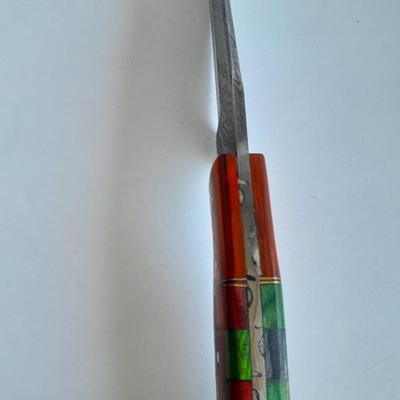 Custom Made Damascus Steel Knife with multi-colored inlayed wooden handle. Beautiful Knife!
