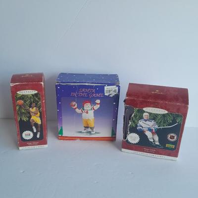 Hallmark Majic Johnson and Wayne Gretzky Ornaments with a Football Santa