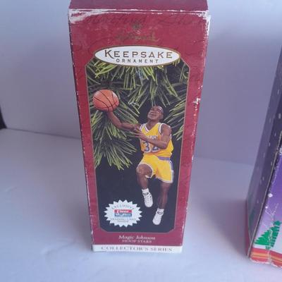 Hallmark Majic Johnson and Wayne Gretzky Ornaments with a Football Santa