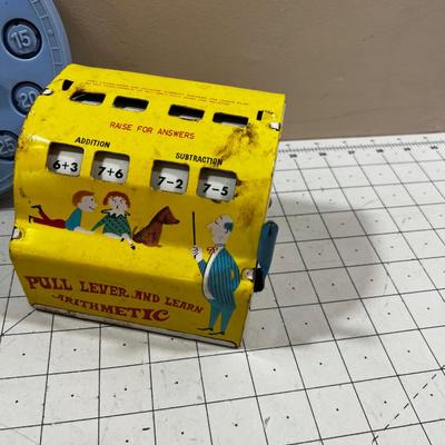 (2) Marx Tin Litho Arithmetic Learning Machine, plus Teach Time Clock