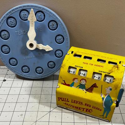 (2) Marx Tin Litho Arithmetic Learning Machine, plus Teach Time Clock
