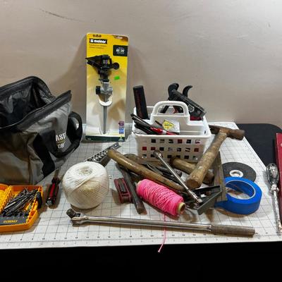 Large Lot of Hand Tools: String, Hammers, Sprinkler etc. 