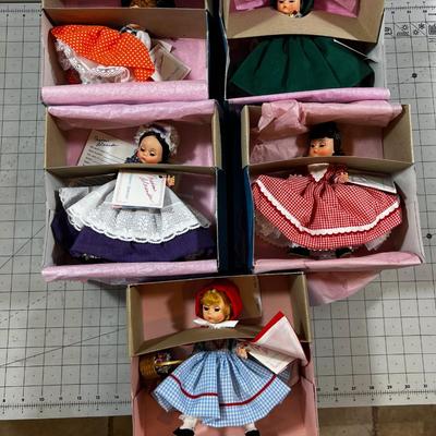 (5) 8" Madame Alexander Dolls; Scarlet, Jo, Jumping Joan, Marie and Red Riding Hood