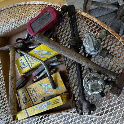 Tray of Welding Items; Tips, Hammer, Electrodes, 