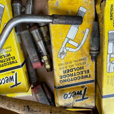 Tray of Welding Items; Tips, Hammer, Electrodes, 