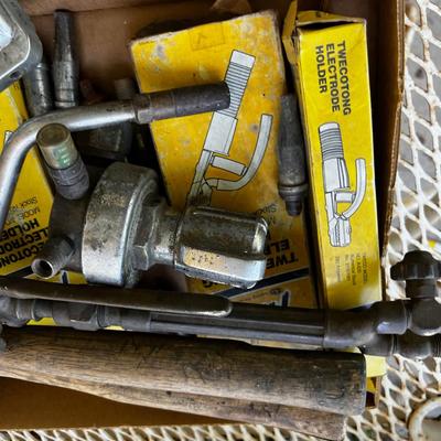 Tray of Welding Items; Tips, Hammer, Electrodes, 