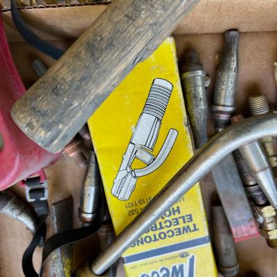 Tray of Welding Items; Tips, Hammer, Electrodes, 