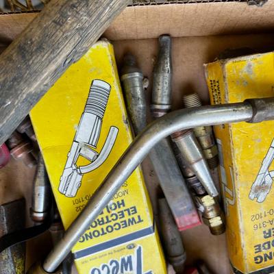 Tray of Welding Items; Tips, Hammer, Electrodes, 