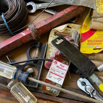 Large Lot of Tools; Sledge Hammer, Wrenches, Saw, Files, Wire. 