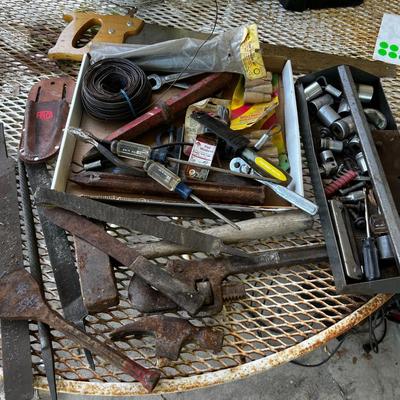 Large Lot of Tools; Sledge Hammer, Wrenches, Saw, Files, Wire. 