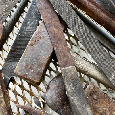 Large Lot of Tools; Sledge Hammer, Wrenches, Saw, Files, Wire. 