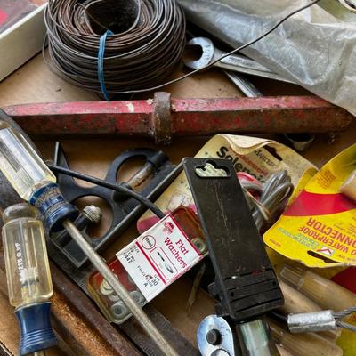 Large Lot of Tools; Sledge Hammer, Wrenches, Saw, Files, Wire. 