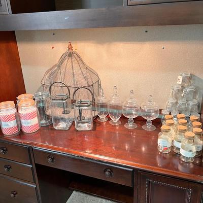 Lot of Decorative Bottles, Jars, Wire Birdcage Shelf