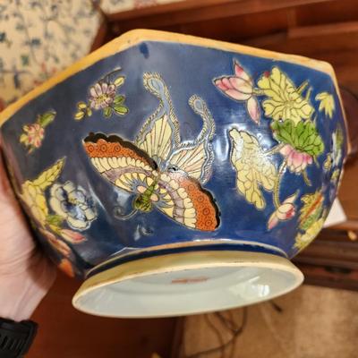Vintage Neiman Marcus hand painted octagon ceramic bowl butterfly Hong Kong