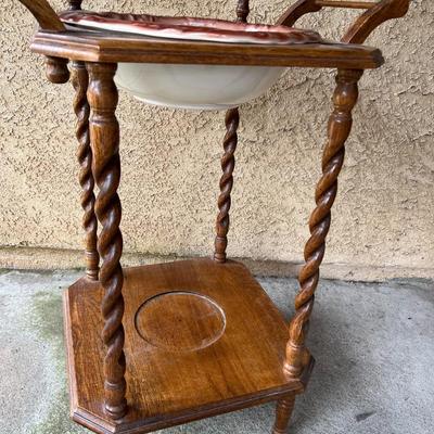 Vintage Turned Wood Wash Basin Stand with Ceramic Bowl & Pitcher Adjustable Mirror