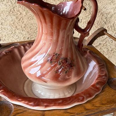Vintage Turned Wood Wash Basin Stand with Ceramic Bowl & Pitcher Adjustable Mirror