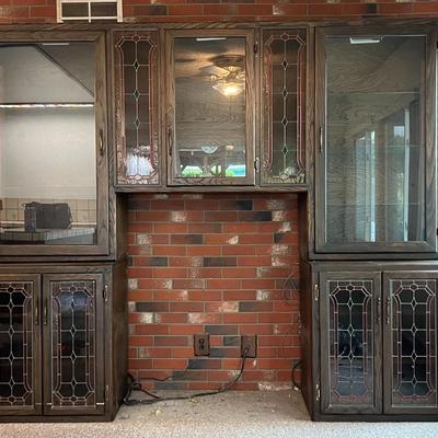 Large Dark Wood Leaded Stained-Glass Door Panels Lit Entertainment Display Cabinet