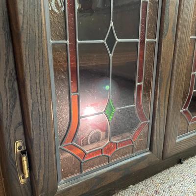 Large Dark Wood Leaded Stained-Glass Door Panels Lit Entertainment Display Cabinet