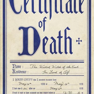 The Wizard Of Oz Wicked Witch Death Certificate prop print