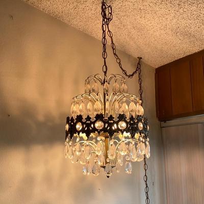 Vintage Hollywood Regency Style Hanging Crystal Chandelier Swag Lamp