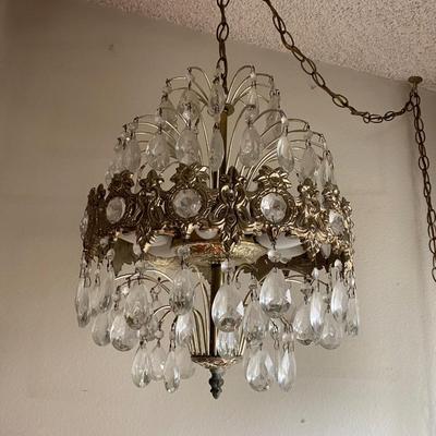 Vintage Hollywood Regency Style Hanging Crystal Chandelier Swag Lamp