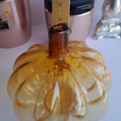 Vintage copper Westbend canister set, Coffee, Sugar & Tea with Glass pumpkin candle. holder