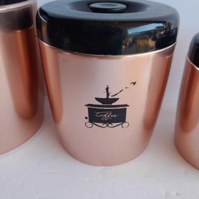 Vintage copper Westbend canister set, Coffee, Sugar & Tea with Glass pumpkin candle. holder