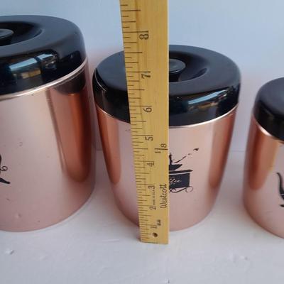 Vintage copper Westbend canister set, Coffee, Sugar & Tea with Glass pumpkin candle. holder