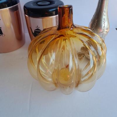 Vintage copper Westbend canister set, Coffee, Sugar & Tea with Glass pumpkin candle. holder