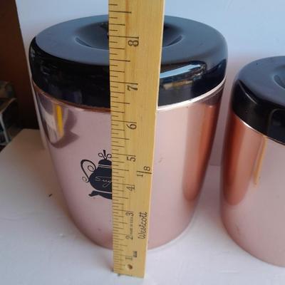 Vintage copper Westbend canister set, Coffee, Sugar & Tea with Glass pumpkin candle. holder