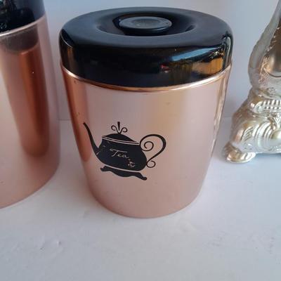 Vintage copper Westbend canister set, Coffee, Sugar & Tea with Glass pumpkin candle. holder