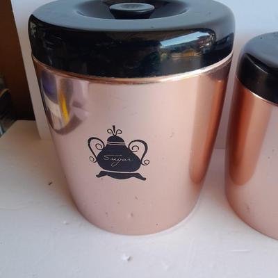 Vintage copper Westbend canister set, Coffee, Sugar & Tea with Glass pumpkin candle. holder
