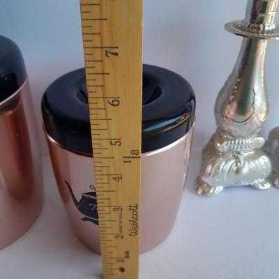 Vintage copper Westbend canister set, Coffee, Sugar & Tea with Glass pumpkin candle. holder