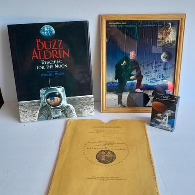 AUTOGRAPHED BUZZ ALDRIN book, Picture with Moon and Mars trading cards, and Geological Maps of the Moon