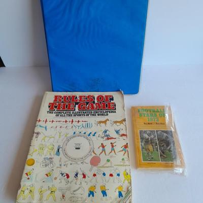 3 ring binder of Football cards, over 20 pages Rules of the game book, and 1970's Football stars book