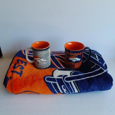 Bronco's Throw blanket and two Coffee Mugs