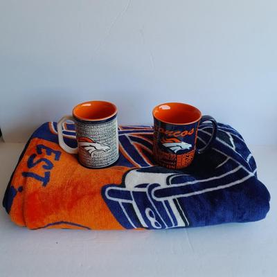 Bronco's Throw blanket and two Coffee Mugs