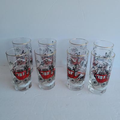 Eight glass Libbey Stagecoach Hi-Ball Glasses Tumblers Horse Carriage Red Black Winter