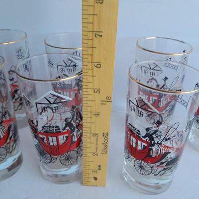 Eight glass Libbey Stagecoach Hi-Ball Glasses Tumblers Horse Carriage Red Black Winter