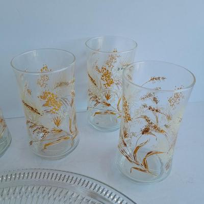 Six Retro Vintage Libbey Wheat Glass Tumblers and a glass platter