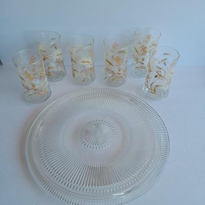 Six Retro Vintage Libbey Wheat Glass Tumblers and a glass platter