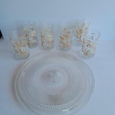 Six Retro Vintage Libbey Wheat Glass Tumblers and a glass platter