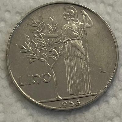 Vintage Italy 1956 lire 100 coin Italian Republic.Bay Tree Minerva standing. art