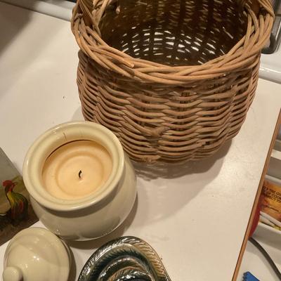 Basket, Candle, Wine Fund, Picture Frame and Ceramic Rooster..