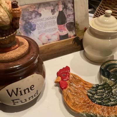 Basket, Candle, Wine Fund, Picture Frame and Ceramic Rooster..