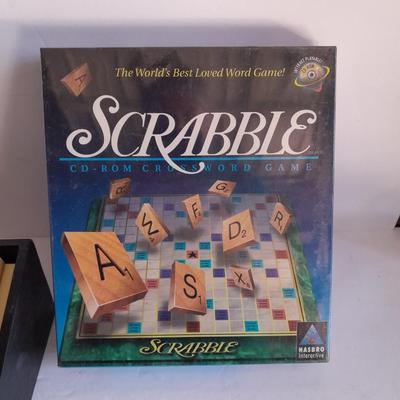 Sealed Scrabble Board game, new Tangos' Puzzle  and wooden Miniature Skeet ball game with metal marbles