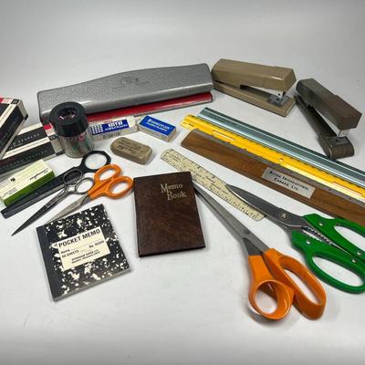 Lot of Miscellaneous Retro Office Supplies Scissors, Memo Books, Staplers & More