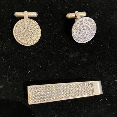 Sterling Cufflinks and Tie Clip with Pave Style Stones Vintage