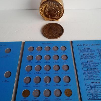 Indian head Penny Avon commemorative bottle, and large coin with Coin book and one Indian head penny