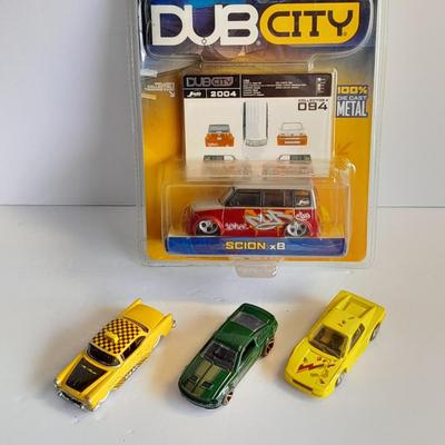 New in package DUB City Scion car and three toy cars Hot Wheels, Maisto Taxi